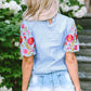 Embroidered Plaid Round Neck Short Sleeve Blouse