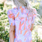 Pink Abstract Print Bubble Sleeve Smock Detail Blouse