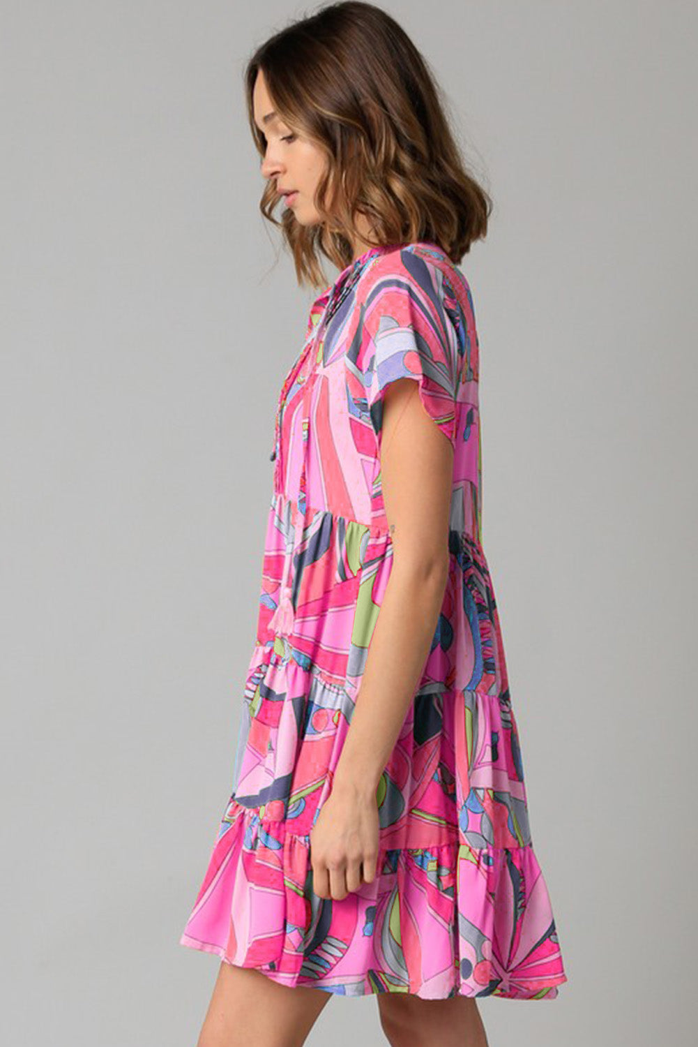 Abstract Geometric Print Tassel Tie Flared Dress