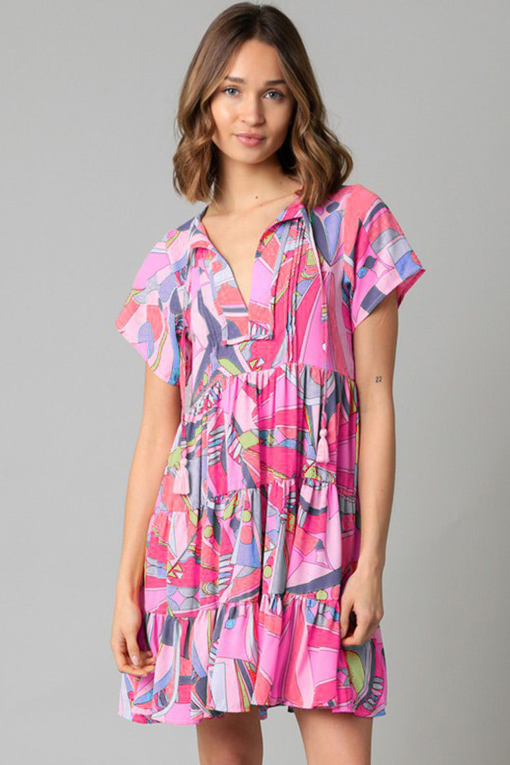 Abstract Geometric Print Tassel Tie Flared Dress