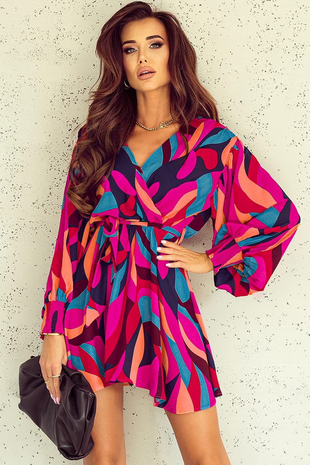 Abstract Printed Belted Puff Sleeve Mini Dress