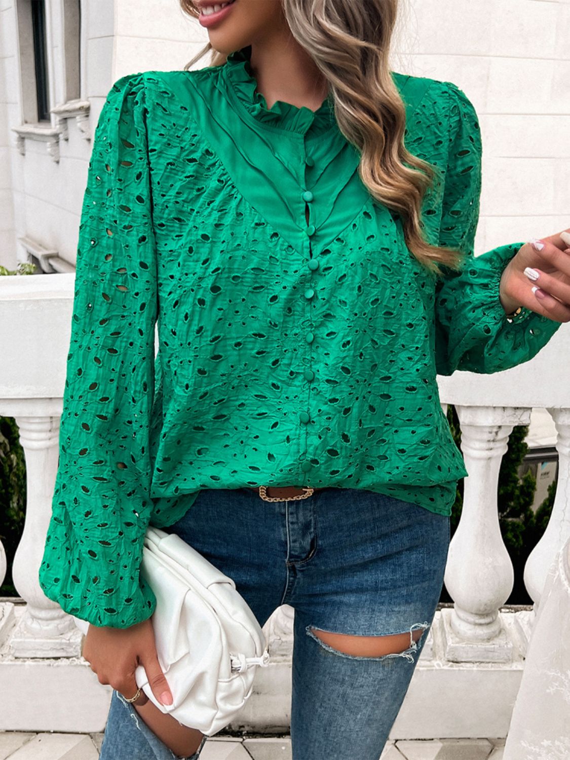 Frill Round Neck Long Sleeve Shirt