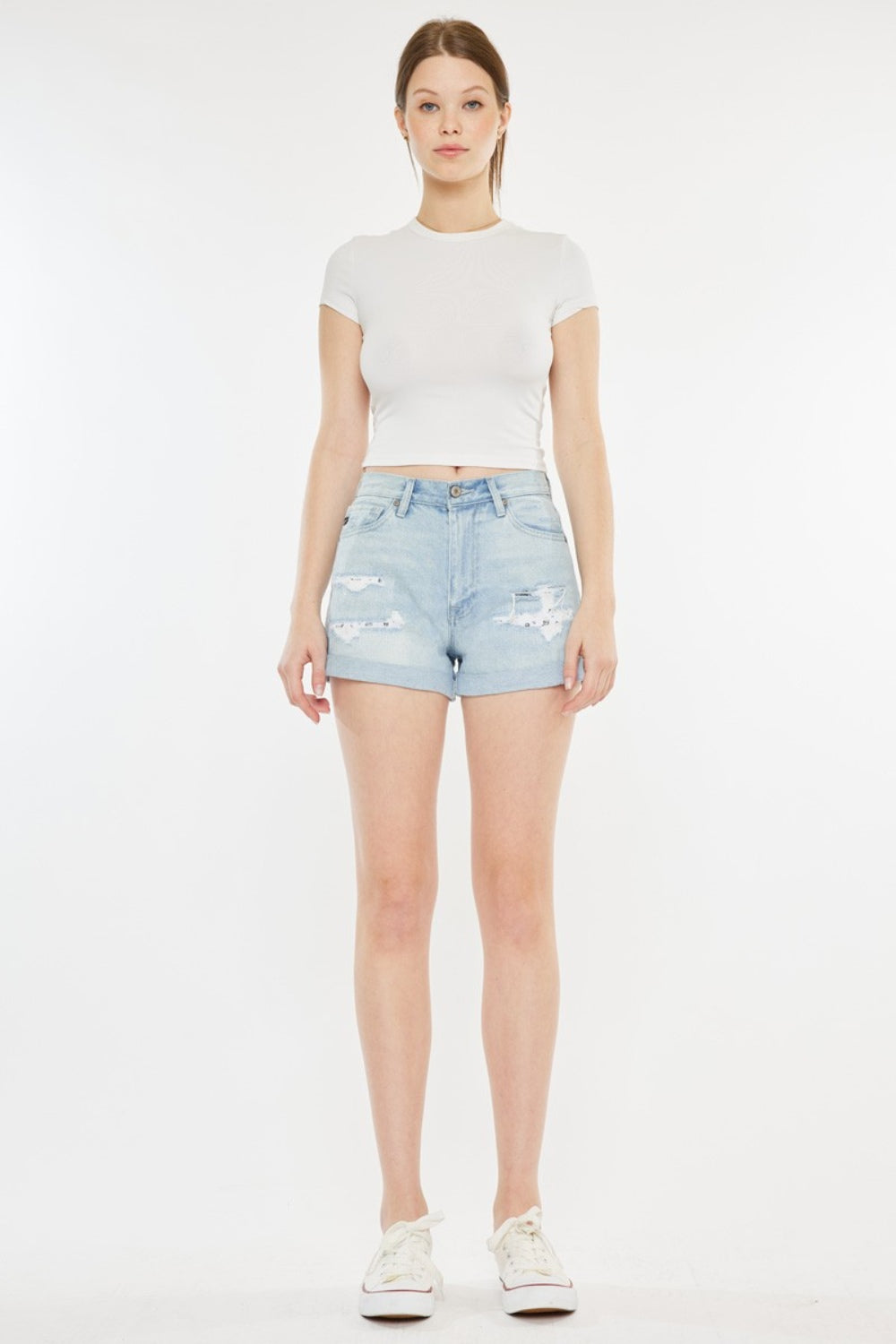 Kancan High Rise Repaired Mom Denim Shorts