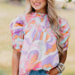 Pink Abstract Print Bubble Sleeve Smock Detail Blouse