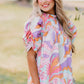 Pink Abstract Print Bubble Sleeve Smock Detail Blouse