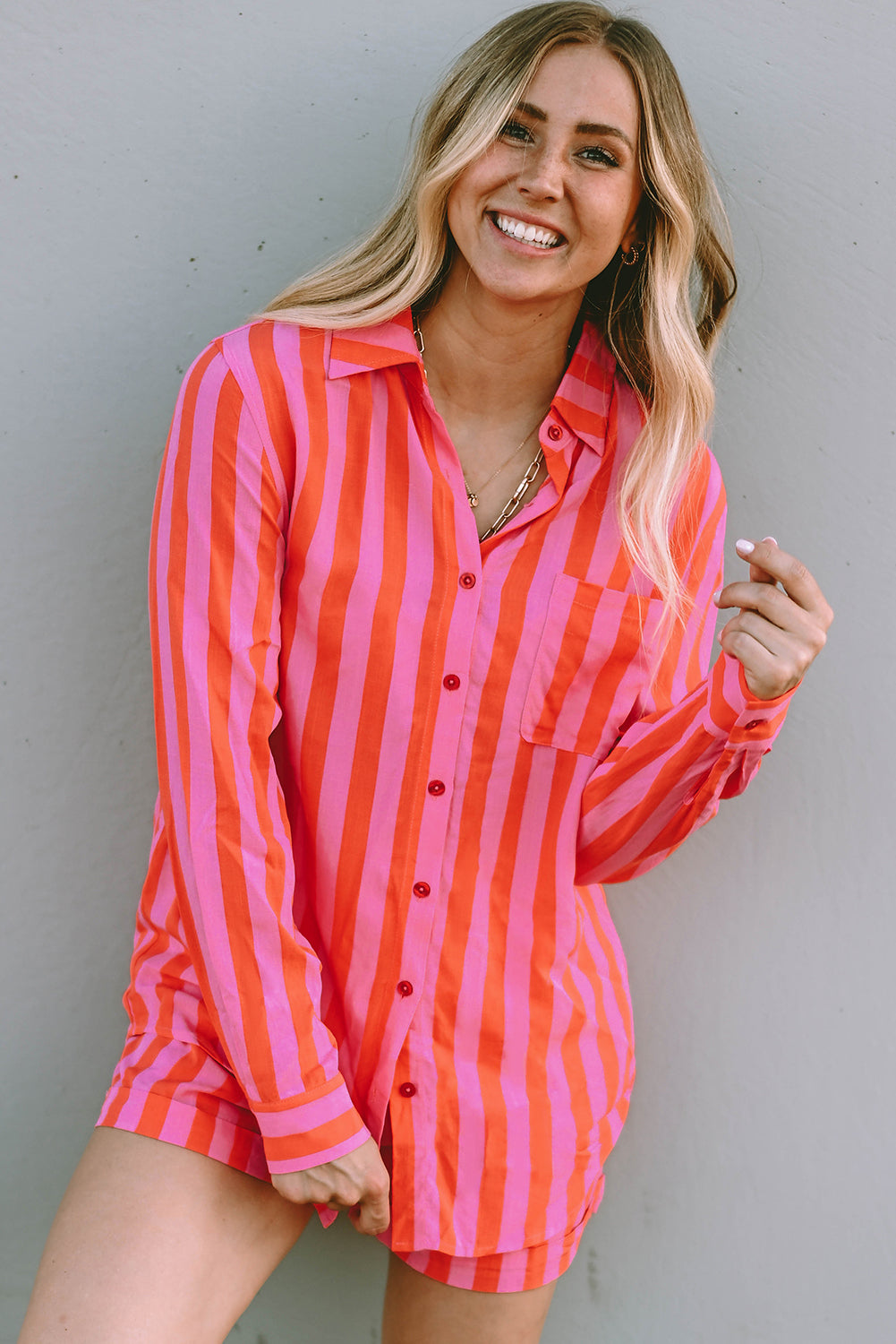 Orange Striped Print Collared Neck Shirt and Shorts Set