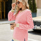 Slit Striped Round Neck Long Sleeve Sweatshirt