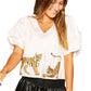 White Sequined Tiger V Neck Puff Sleeve Blouse