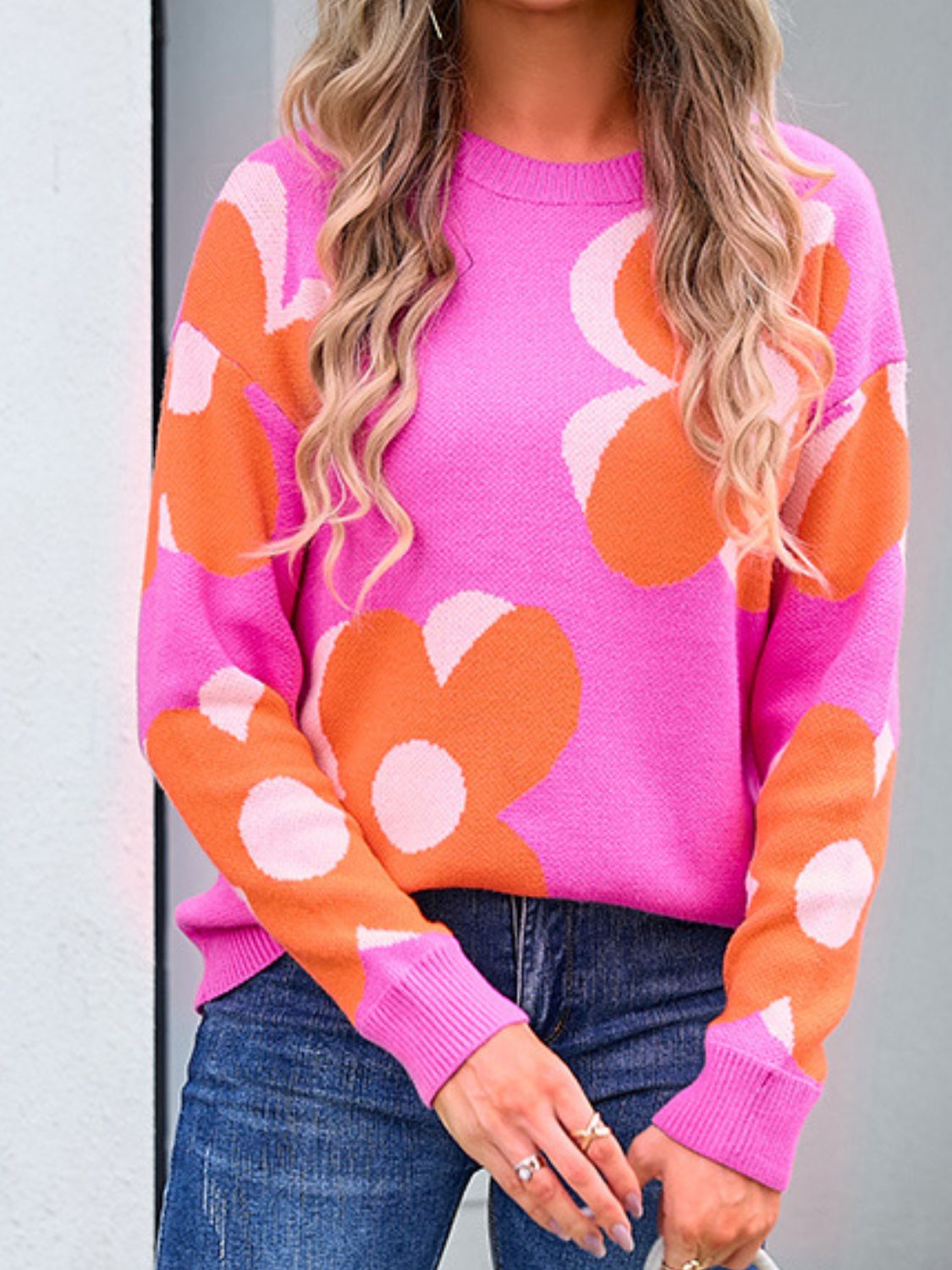 Flower Round Neck Long Sleeve Sweater