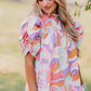 Pink Abstract Print Bubble Sleeve Smock Detail Blouse