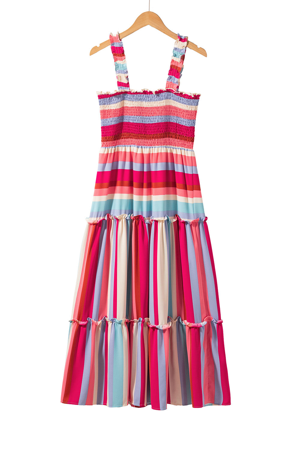 Red Stripe Ruffled Straps Smocked Tiered Long Dress